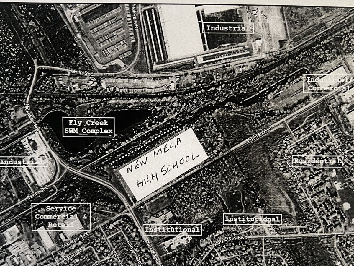 Aerial of the parcel and surrounding land uses, with the new high school site annotated